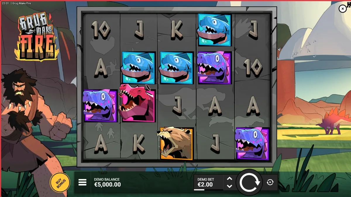 Grug Make Fire slot game interface with fiery prehistoric theme