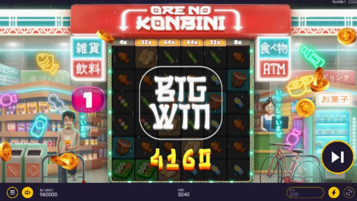 Giao diện neon rực rỡ của trò chơi slot Ore No Konbini